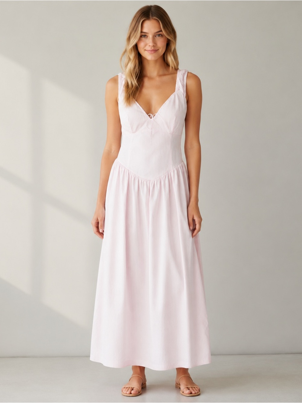 Women’s Light Pink Maxi Dress - Sleeveless V-Neck